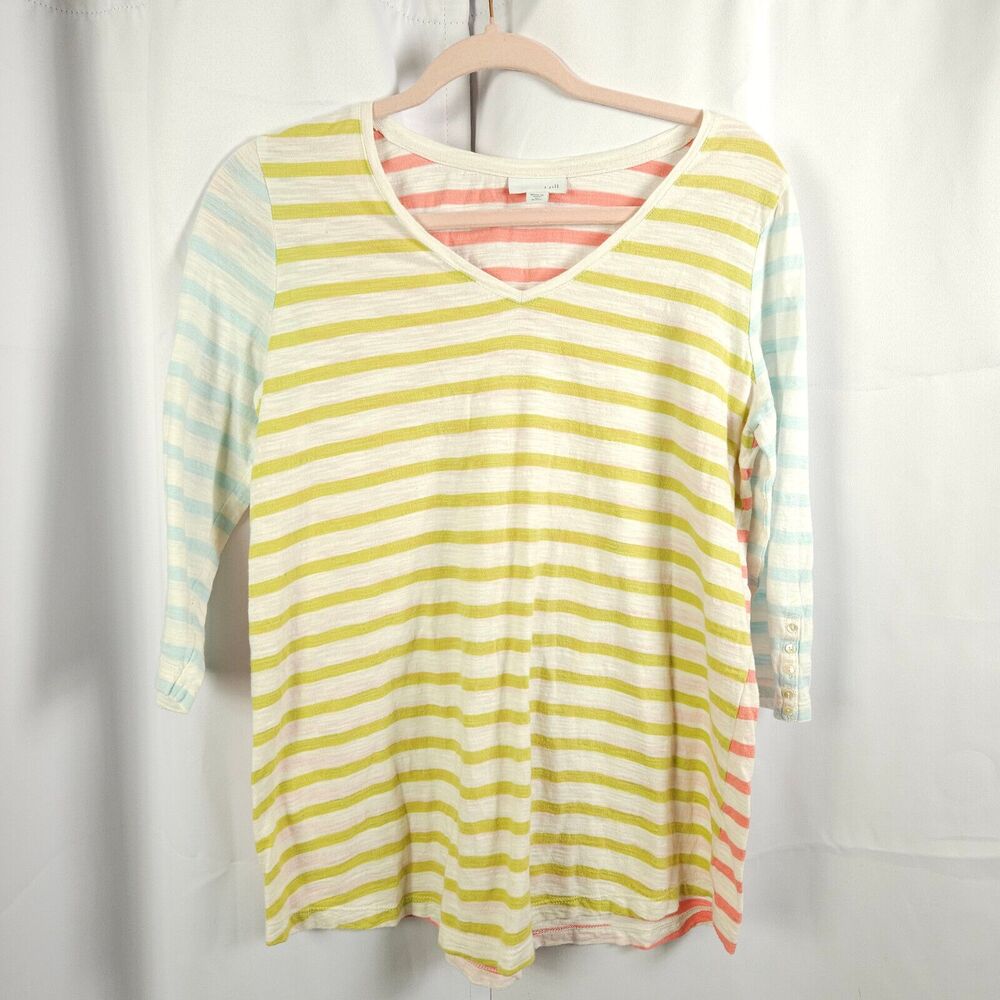 J Jill Womens Medium Petite Colorblock Striped V-Neck 3/4‎ Button Sleeve Blouse